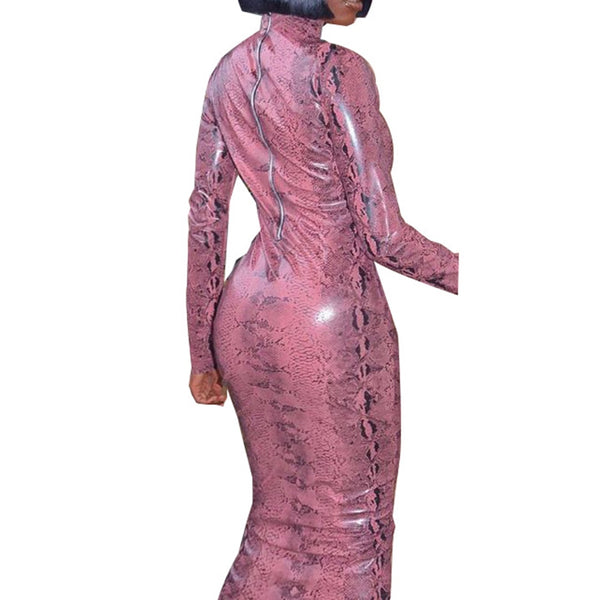 Snake Print PU Leather Turtleneck Long Sleeve Pencil Midi Dress