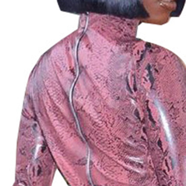 Snake Print PU Leather Turtleneck Long Sleeve Pencil Midi Dress