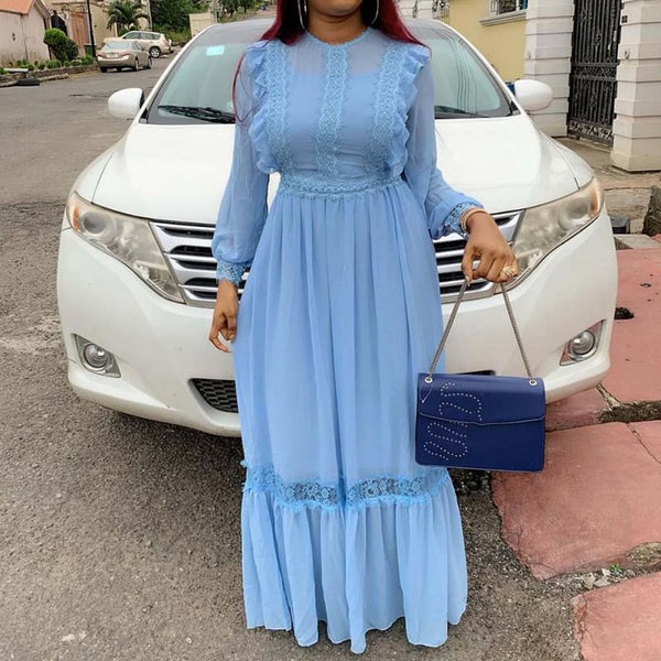 Floral Hollow Lace Chiffon Lantern Sleeve High Waist Maxi Dress