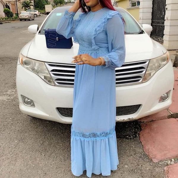 Floral Hollow Lace Chiffon Lantern Sleeve High Waist Maxi Dress