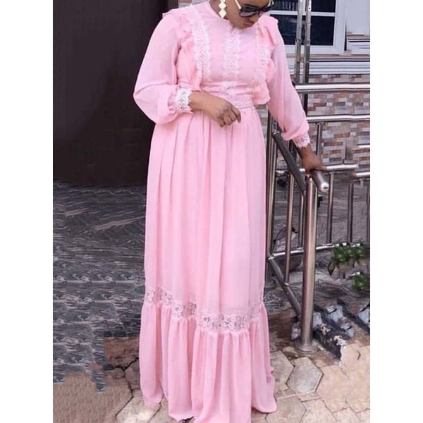 Floral Hollow Lace Chiffon Lantern Sleeve High Waist Maxi Dress