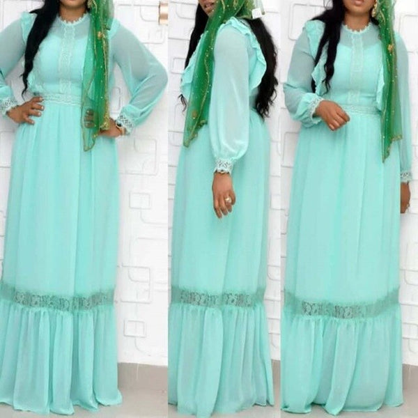 Floral Hollow Lace Chiffon Lantern Sleeve High Waist Maxi Dress