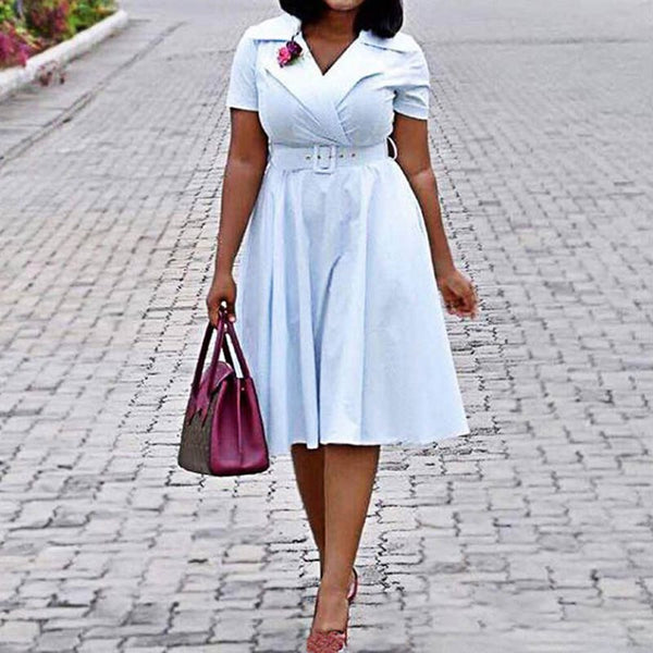 Three Quarter Sleeve Knee-Length Pleated Lapel Plain Midi Dress