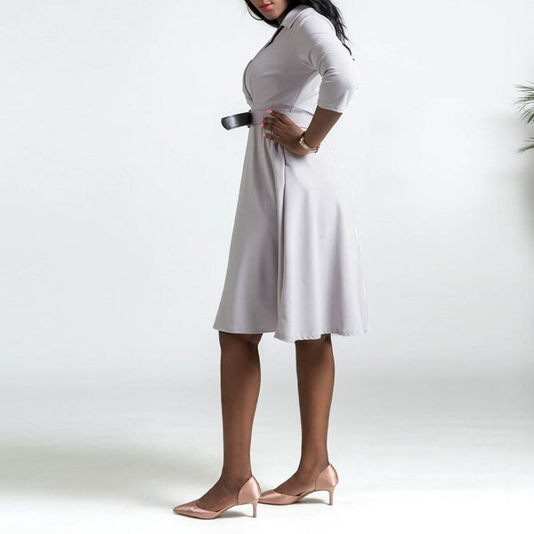 Three Quarter Sleeve Knee-Length Pleated Lapel Plain Midi Dress