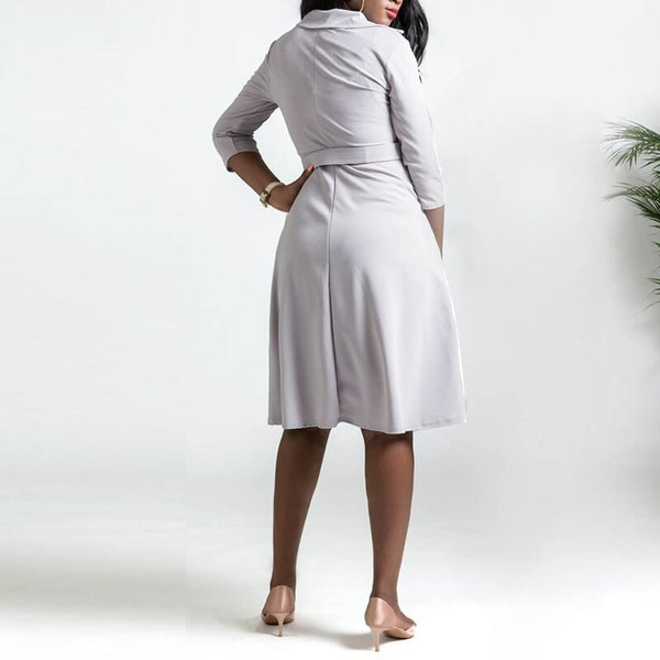 Three Quarter Sleeve Knee-Length Pleated Lapel Plain Midi Dress