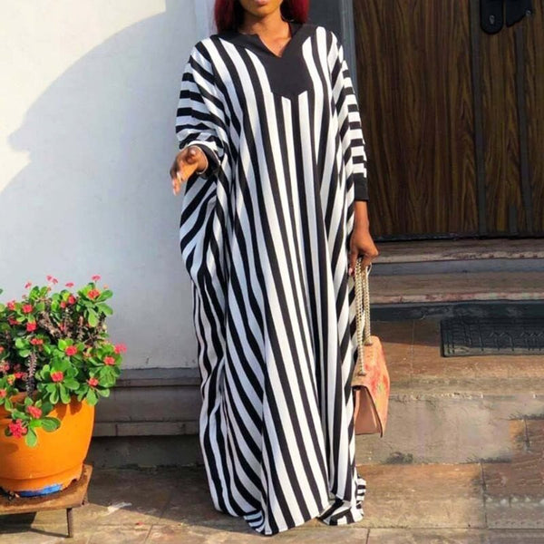 Zebra Stripe Printed Loose Batwing Sleeve Floor-Length Maxi Dress