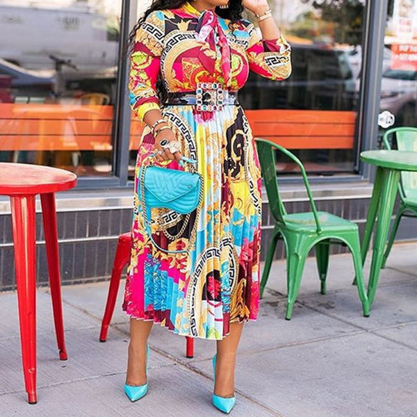 Mid-Calf High Waist Pleated Geometric Printed Turn-down Collar Midi Dress