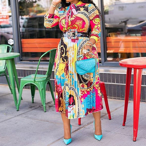 Mid-Calf High Waist Pleated Geometric Printed Turn-down Collar Midi Dress