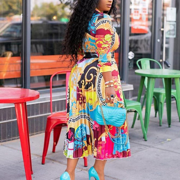 Mid-Calf High Waist Pleated Geometric Printed Turn-down Collar Midi Dress