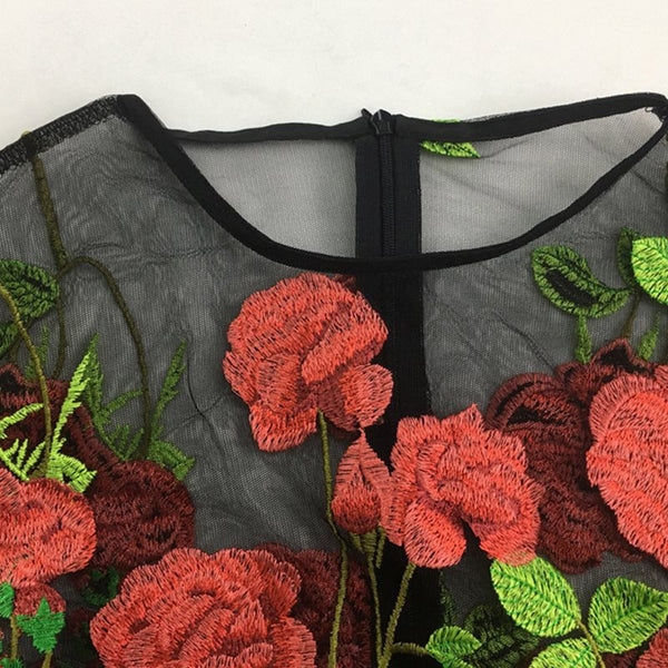 2 Pieces Black Patchwork Floral Embroidery Print O-Neck Transparent Maxi Dress