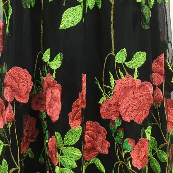 2 Pieces Black Patchwork Floral Embroidery Print O-Neck Transparent Maxi Dress