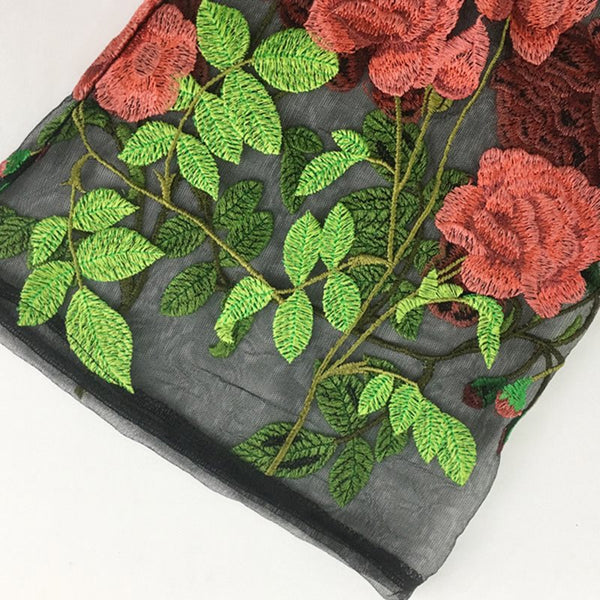 2 Pieces Black Patchwork Floral Embroidery Print O-Neck Transparent Maxi Dress