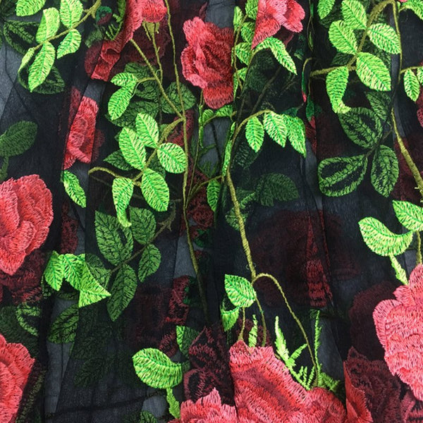 2 Pieces Black Patchwork Floral Embroidery Print O-Neck Transparent Maxi Dress