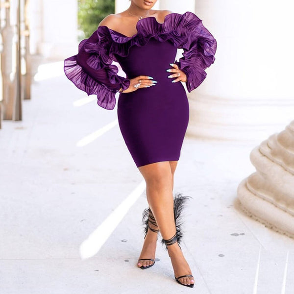Off Shoulder Purple Elegant Cocktail Long Sleeve Women's Dress