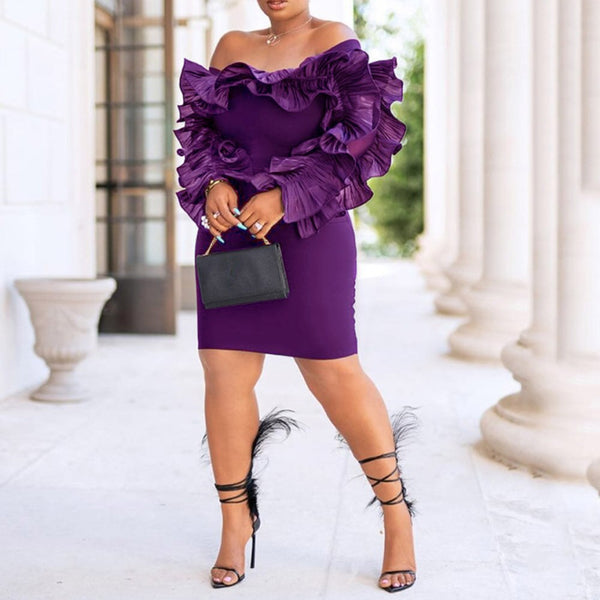 Off Shoulder Purple Elegant Cocktail Long Sleeve Women's Dress