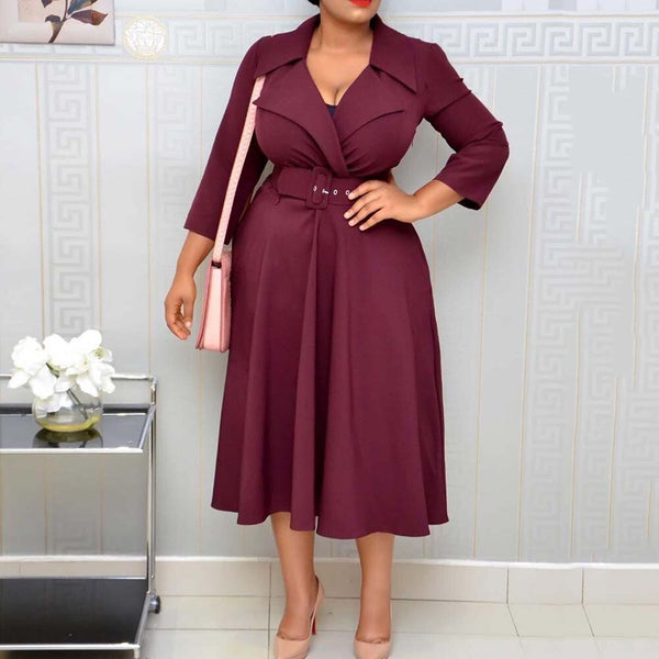 Mid-Calf Belt Plain V-Neck A-Line Pullover Maxi Dress