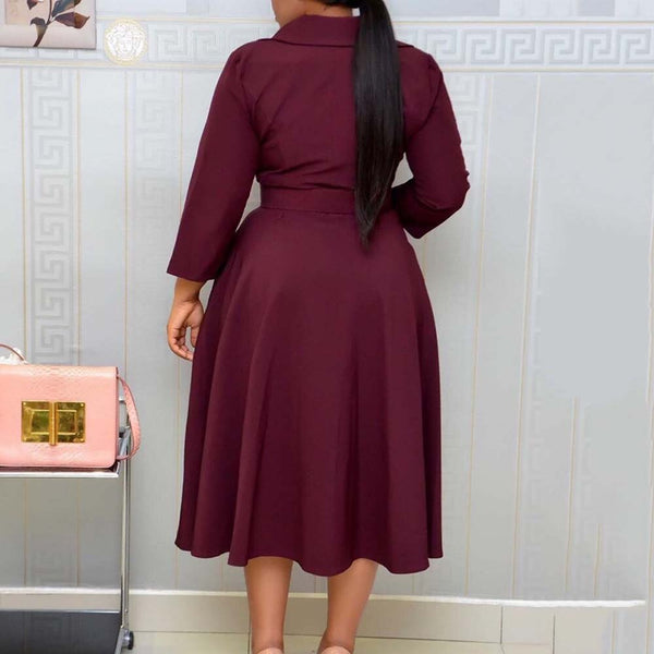 Mid-Calf Belt Plain V-Neck A-Line Pullover Maxi Dress