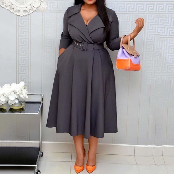 Mid-Calf Belt Plain V-Neck A-Line Pullover Maxi Dress