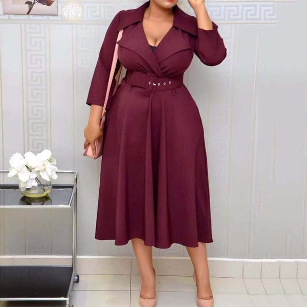 Mid-Calf Belt Plain V-Neck A-Line Pullover Maxi Dress