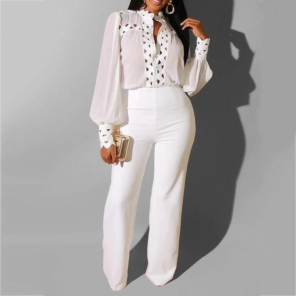 Long Sleeve Plain Hollow Out Long Straight Wide Leg Jumpsuit