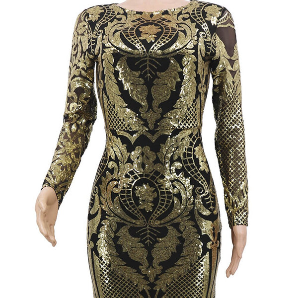 Geometric Sequins Three-Quarter Sleeve O-Neck Mesh Women's Maxi Dress