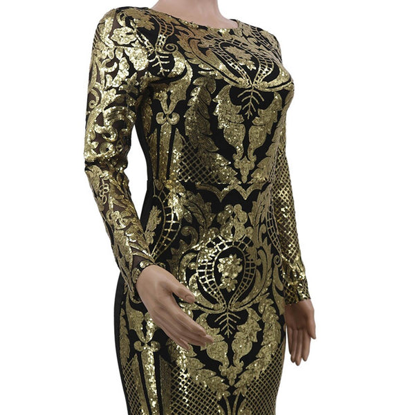 Geometric Sequins Three-Quarter Sleeve O-Neck Mesh Women's Maxi Dress