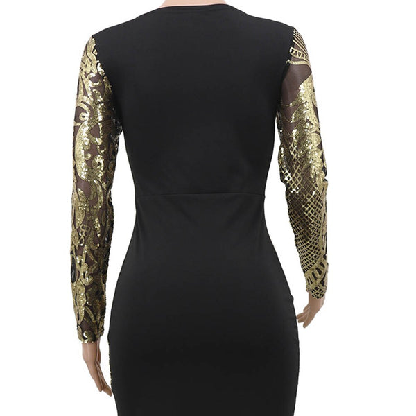 Geometric Sequins Three-Quarter Sleeve O-Neck Mesh Women's Maxi Dress