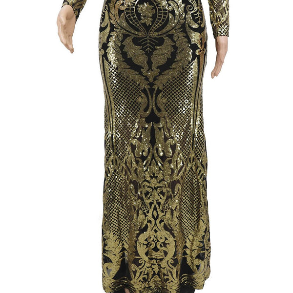 Geometric Sequins Three-Quarter Sleeve O-Neck Mesh Women's Maxi Dress