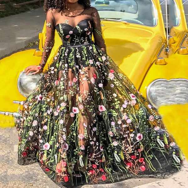 Backless Print Long Sleeve See-Through Patchwork Women's Maxi Dress