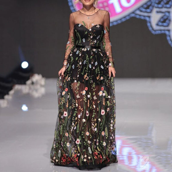 Backless Print Long Sleeve See-Through Patchwork Women's Maxi Dress