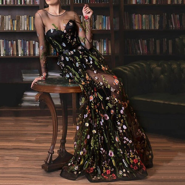 Backless Print Long Sleeve See-Through Patchwork Women's Maxi Dress