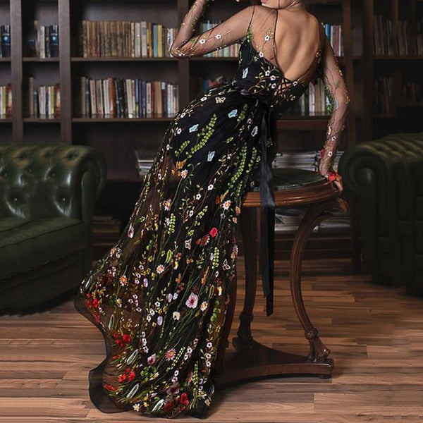 Backless Print Long Sleeve See-Through Patchwork Women's Maxi Dress