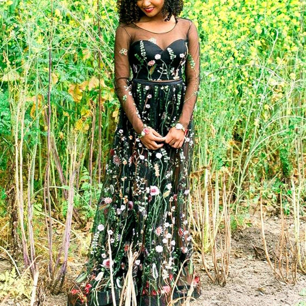 Backless Print Long Sleeve See-Through Patchwork Women's Maxi Dress