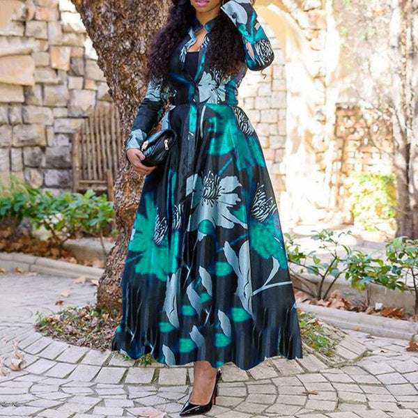 Floral Print Ankle-Length Long Sleeve Standard-Waist Maxi Dress