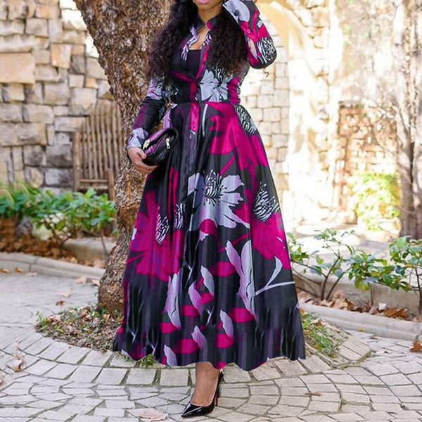 Floral Print Ankle-Length Long Sleeve Standard-Waist Maxi Dress