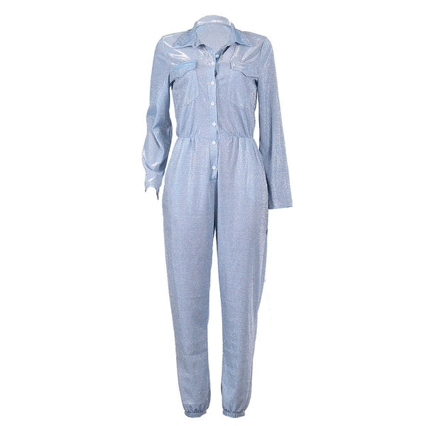 Ankle Length High Waist Long Sleeve Plain Pocket Shiny Overalls Jumpsuit