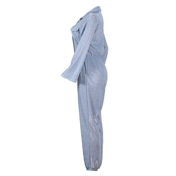 Ankle Length High Waist Long Sleeve Plain Pocket Shiny Overalls Jumpsuit