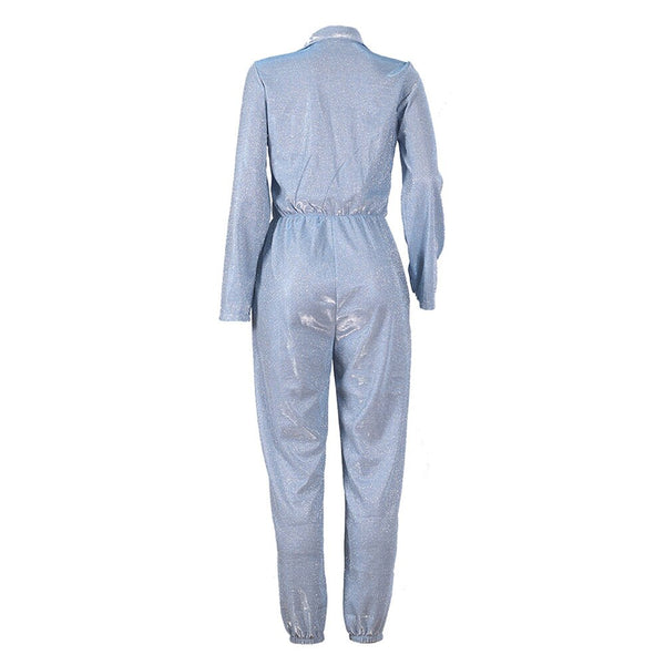 Ankle Length High Waist Long Sleeve Plain Pocket Shiny Overalls Jumpsuit