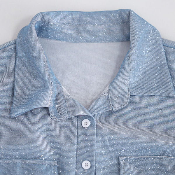 Ankle Length High Waist Long Sleeve Plain Pocket Shiny Overalls Jumpsuit