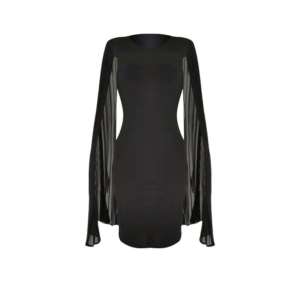 Pleated High Waist Cape Long Sleeve Mid-Calf Plain Pullover Dress