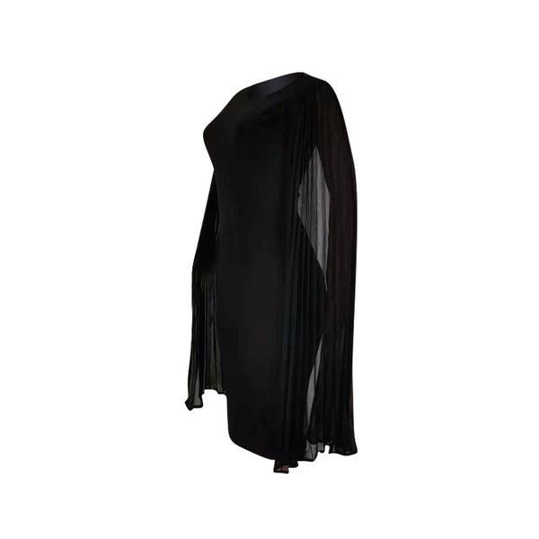 Pleated High Waist Cape Long Sleeve Mid-Calf Plain Pullover Dress