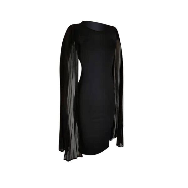 Pleated High Waist Cape Long Sleeve Mid-Calf Plain Pullover Dress