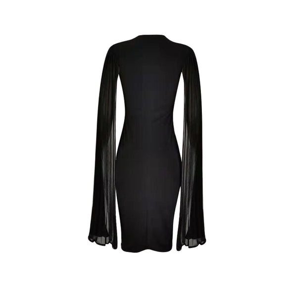 Pleated High Waist Cape Long Sleeve Mid-Calf Plain Pullover Dress