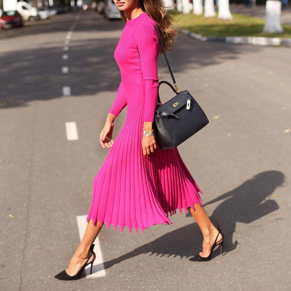 Pleated Mid-Calf Slim Knitted Nine Points Sleeve O-Neck Women's Dress