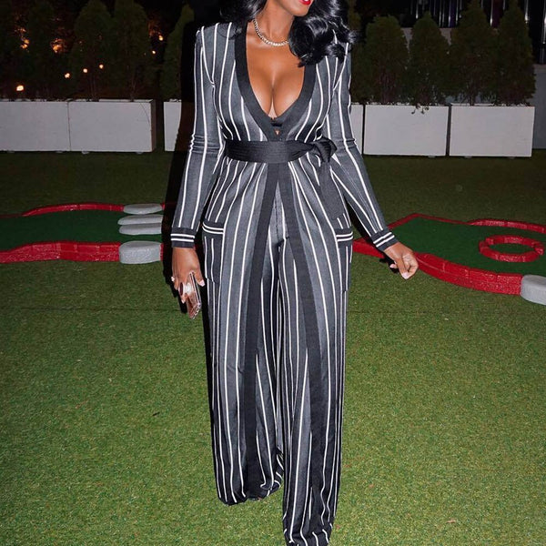 Two Piece Sets Lace-Up Stripe Long Sleeve Trench Coat And Pants Wide Legs