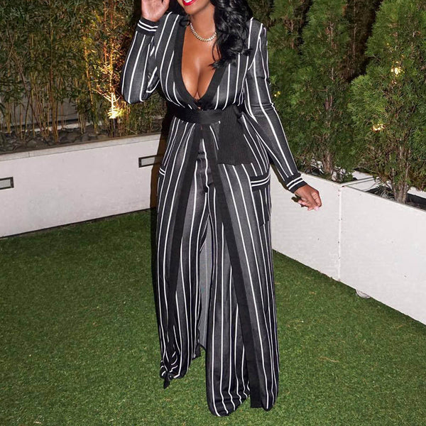 Two Piece Sets Lace-Up Stripe Long Sleeve Trench Coat And Pants Wide Legs