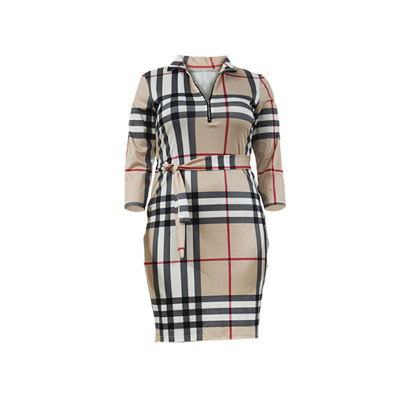 Long Sleeves V-Neck High Waist Grid Printed Knee Length Dress( With Belt )