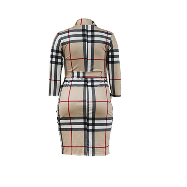 Long Sleeves V-Neck High Waist Grid Printed Knee Length Dress( With Belt )