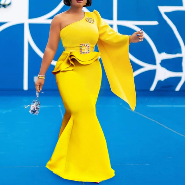 Falbala One Shoulder Long Sleeve Mermaid Standard-Waist Dress