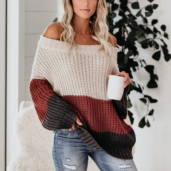 Slash Neck Off Shoulder Striped Knitted Sweater